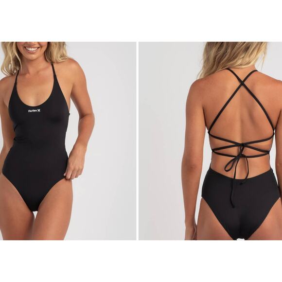 Hurley Black Solid One-Piece Swimsuit lace up open back white logo Medium NWT - Picture 1 of 8